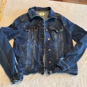 Muse Looks Denim Jean Jacket womens XS dark wash trucker distressed